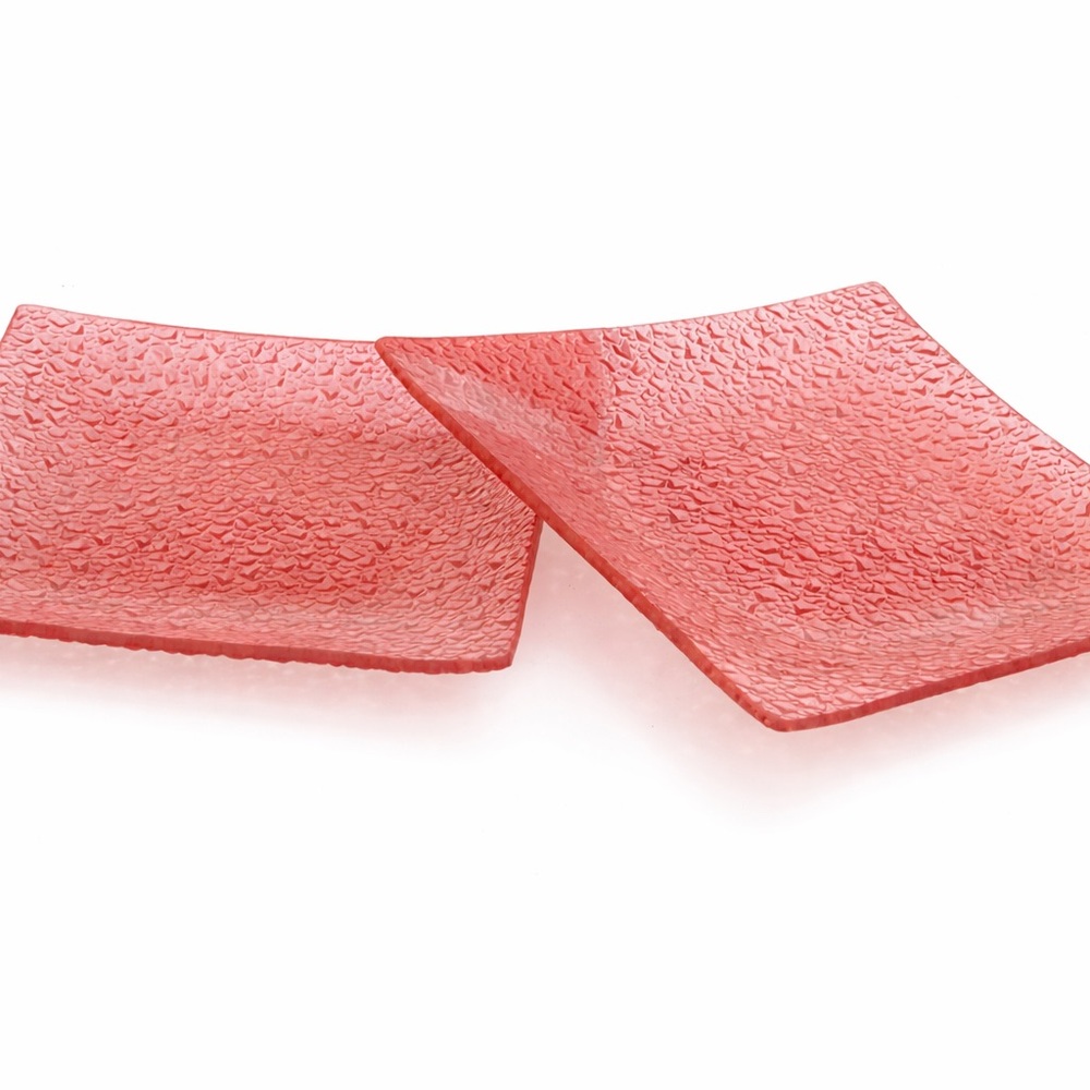 Set of 2 Pink Textured Glass Jewelry Trays – 6” Square Vanity Dishes